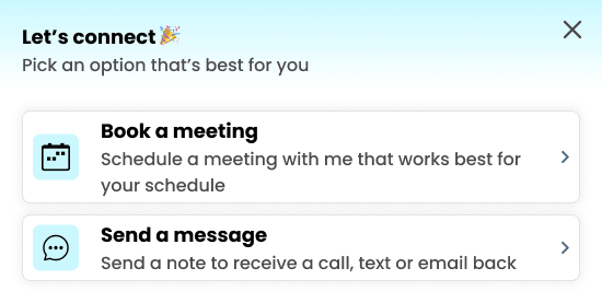 The "Let's connect" popup: Book a meeting or Send a message