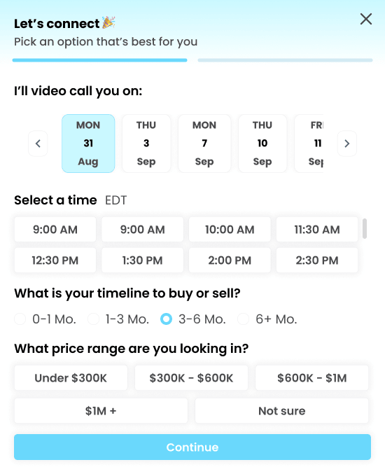 The booking flow: date and time selection, plus the timeline and price-range questions