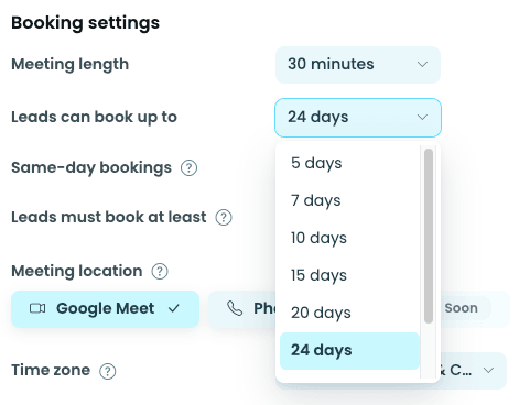 The Booking window section: how far out leads can book, allow same-day bookings, and how soon leads can book