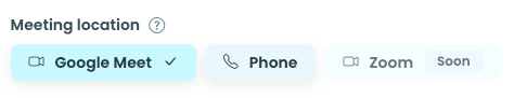 The Meeting location section showing Google Meet, Phone, and Zoom (Soon)