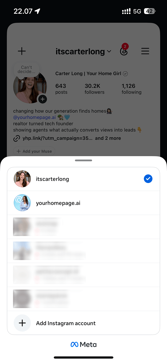 Choose the account connected to Your Home Page