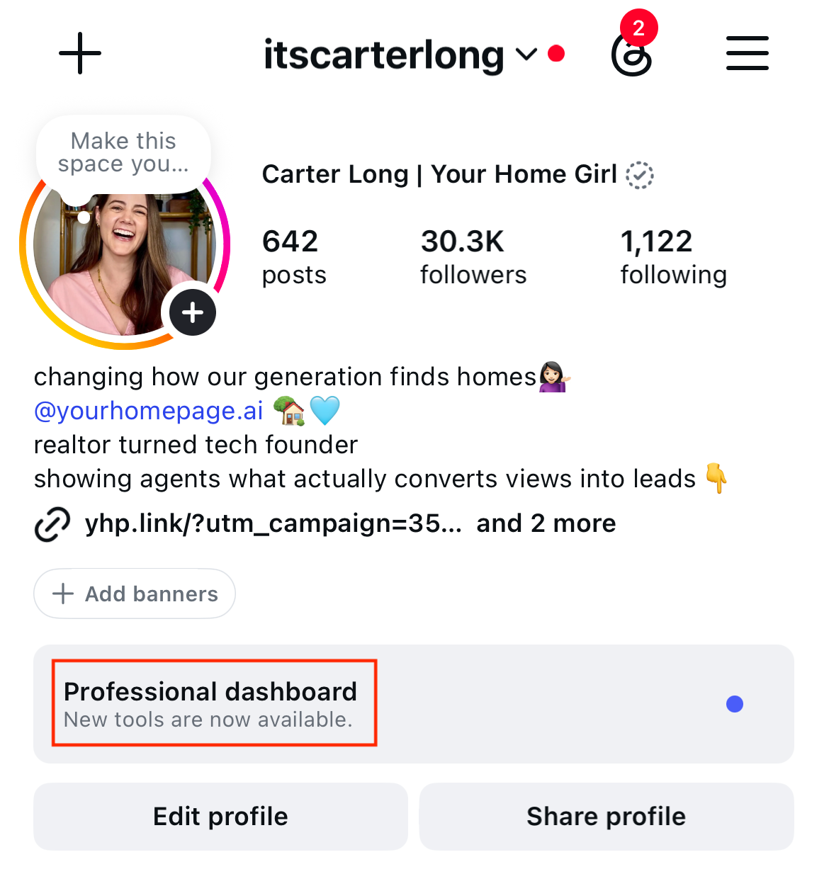 The Professional dashboard button on an Instagram profile