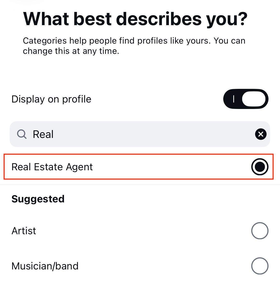 Picking a category, like Real Estate Agent