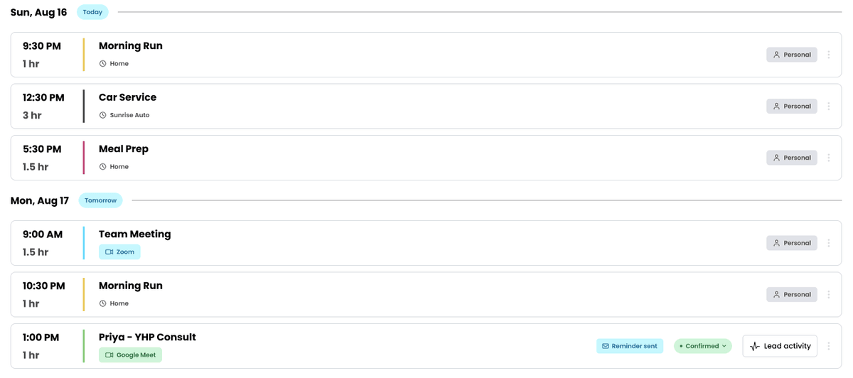 The Meetings tab showing meetings grouped by date with a "Today" badge
