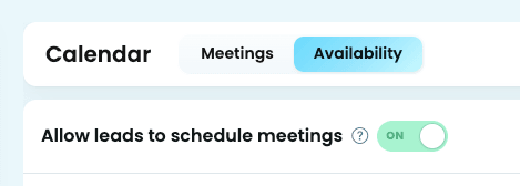 The "Allow leads to schedule meetings" toggle at the top of the Availability tab