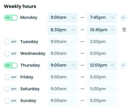 The Weekly hours section, Monday through Sunday with toggles and time ranges